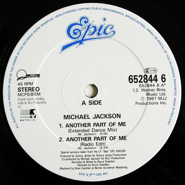 Michael Jackson – Another Part Of Me - VINYL 12" -ORIGINAL ISSUE